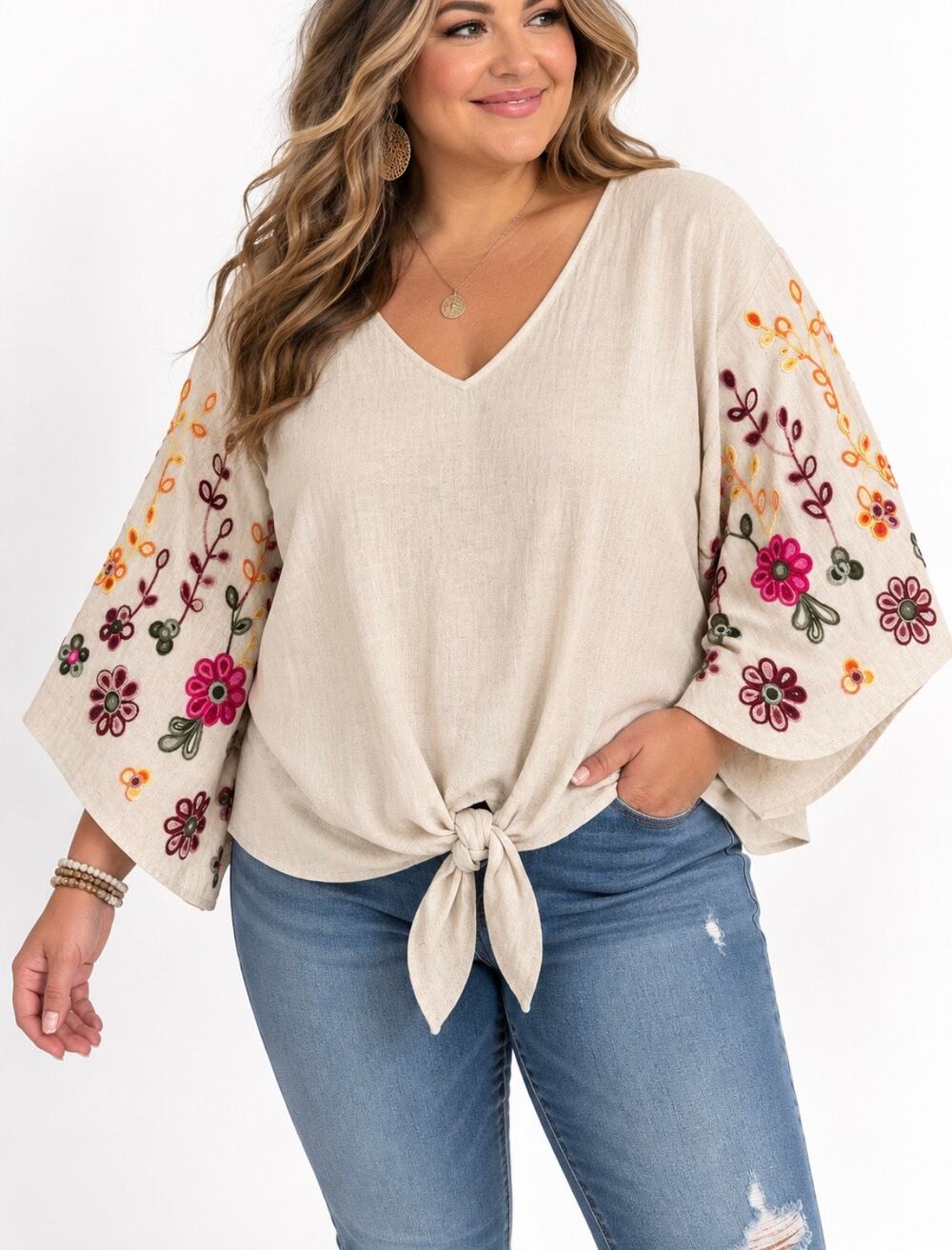 Olivia & Martin 2X Embroidered Floral Bell Sleeve Tie Front Boho Blouse Beige